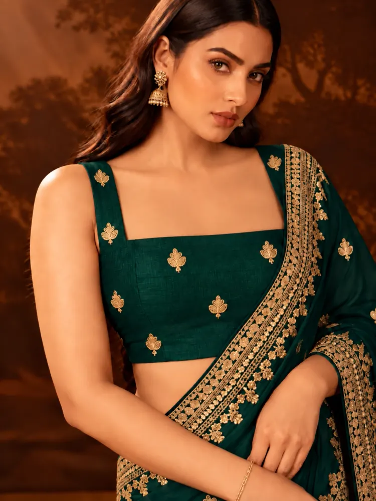 Bottle Green Dola Silk Bridal Saree-3