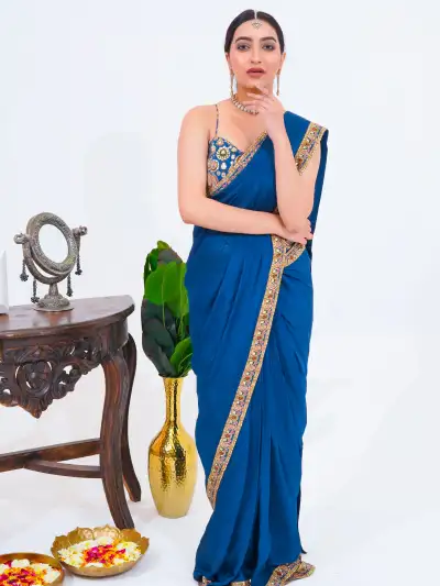 Royal Indigo Pre-Draped Saree with Embellished Bustier - collection image