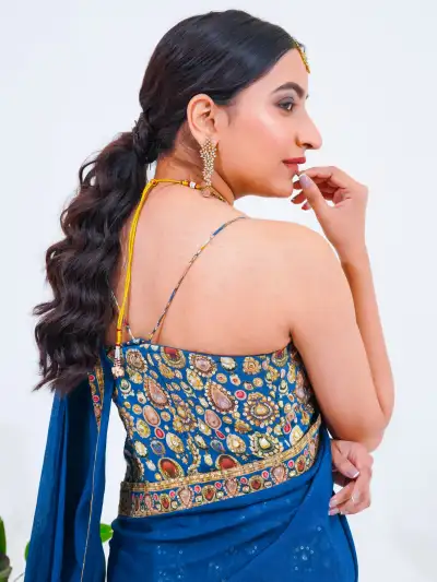Royal Indigo Pre-Draped Saree with Embellished Bustier - 2
