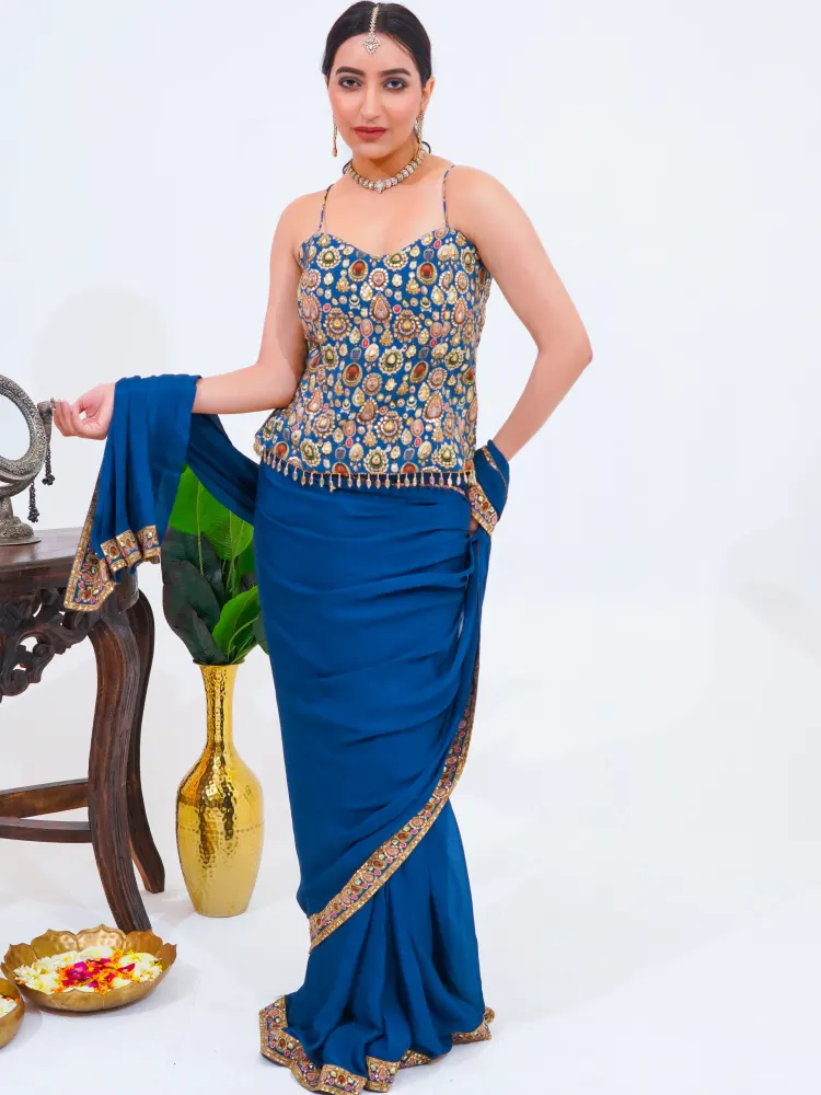 Blue Designer Pre-Draped Saree-2