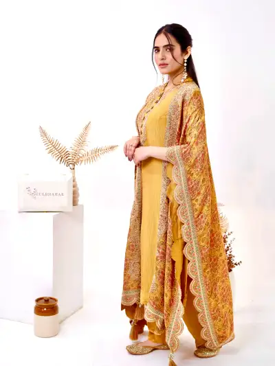 MUSTARD YELLOW KURTI SET WITH SHRUG STYLE - 2