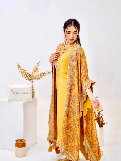 Mustard Yellow Kurti set with Shrug Style - 3