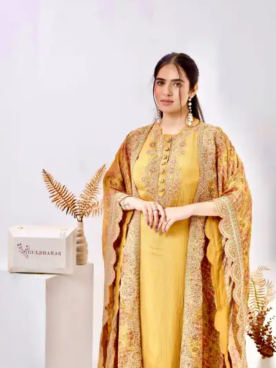 Mustard Yellow Kurti set with Shrug Style - 5