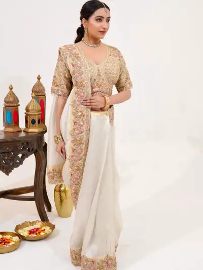 Ivory Banarasi Silk Saree & Designer Blouse - collection image