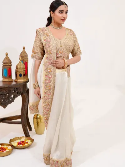 Ivory Banarasi Silk Saree-0