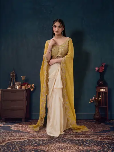YELLOW SATIN EMBROIDERED BLOUSE WITH SKIRT SET - 1