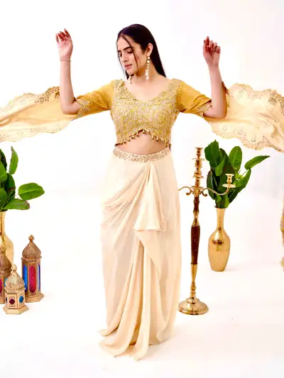 YELLOW SATIN EMBROIDERED BLOUSE WITH SKIRT SET - 2