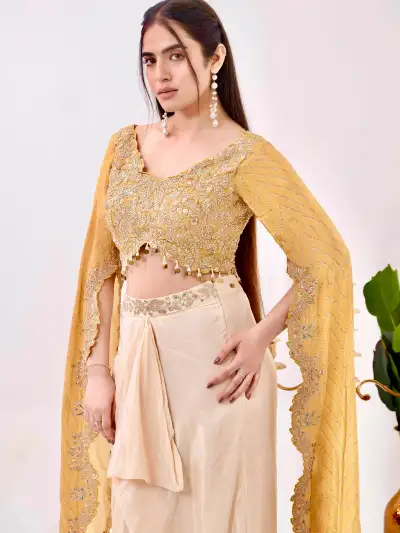 Yellow Satin Embroidered Blouse with Skirt Set - 3