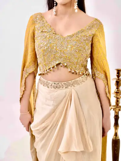 Yellow Satin Embroidered Blouse with Skirt Set - 4