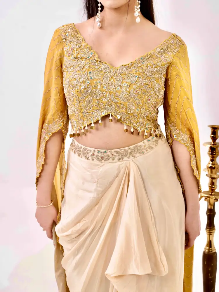 Yellow Satin Embroidered Blouse with Skirt Set thumbnail 4