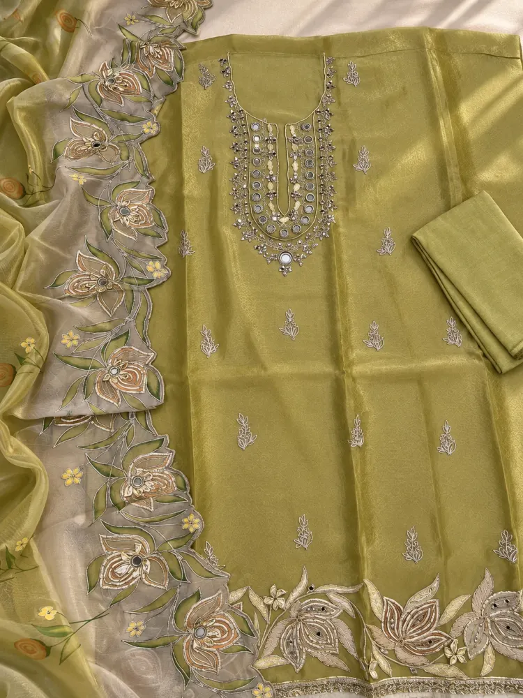 Pista Green Floral Unstitched Suit-0
