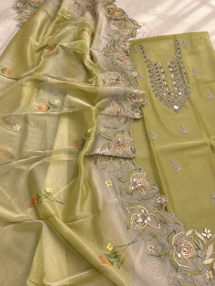 Pista Green Floral Unstitched Suit-3