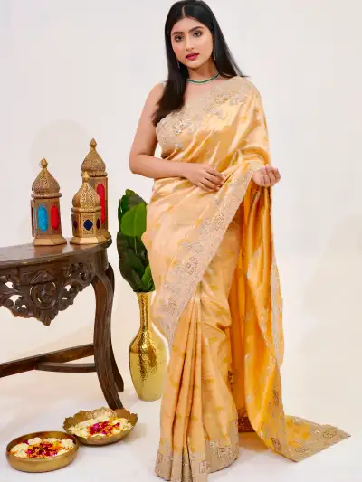 Golden Banarasi Saree with Elephant Motif Border - collection image