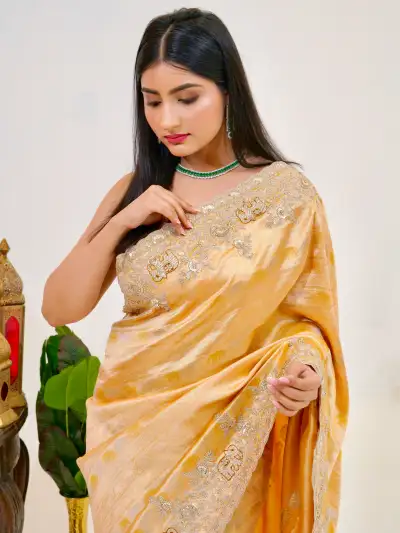 GOLDEN BANARASI SAREE WITH ELEPHANT MOTIF BORDER - 2