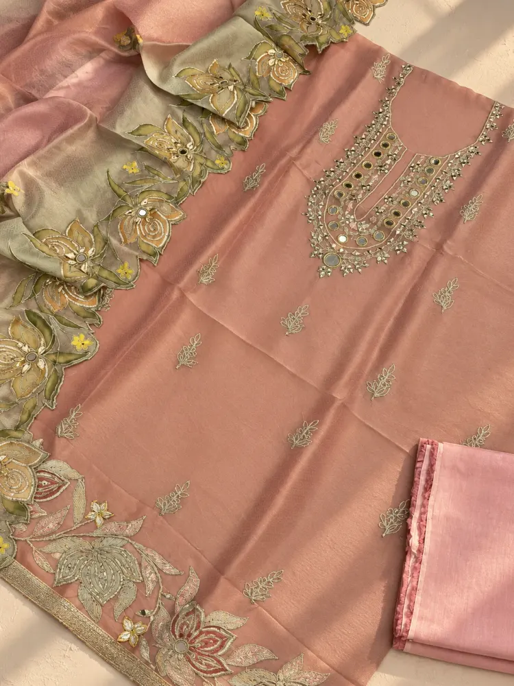 Peach Pink Floral Unstitched Suit-0