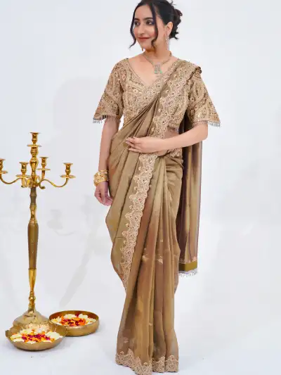 Plain Organza Silk Bridal Saree with Embroidered Border - collection image