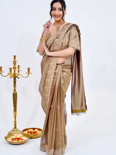 Plain Organza Silk Bridal Saree with Embroidered Border - 2