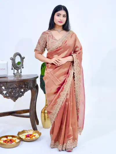 Plain Organza Silk Bridal Saree with Embroidered Border - collection image