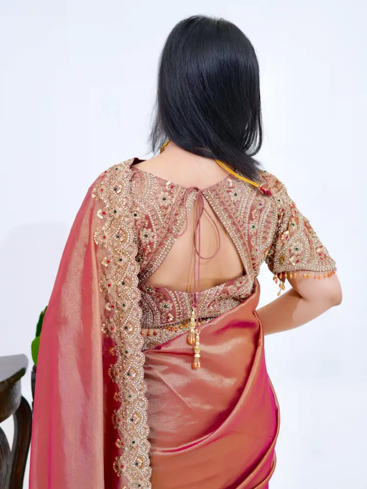 Plain Organza Silk Bridal Saree with Embroidered Border - Image 2