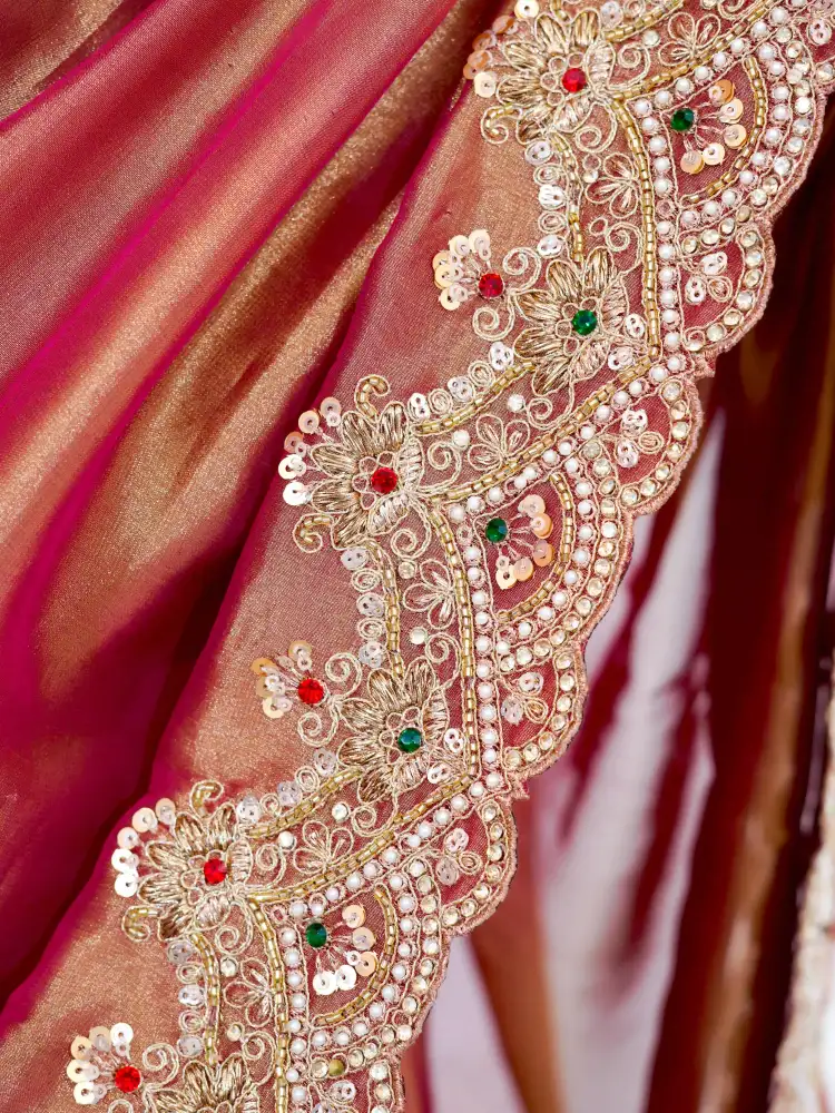 Plain Organza Silk Bridal Saree with Embroidered Border - Image 4