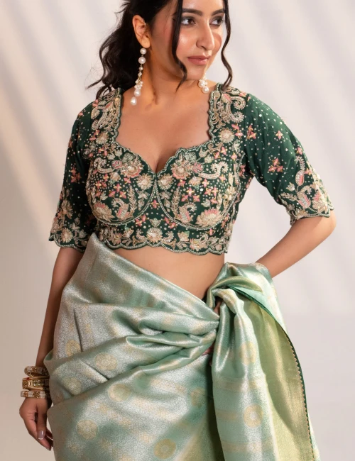 GREEN BANARASI SAREE WITH ZARI EMBROIDERY - 2