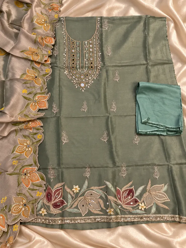 Sage Green Floral Unstitched Suit-0