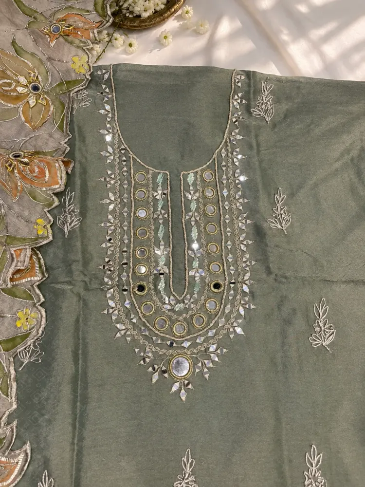 Sage Green Floral Unstitched Suit-1