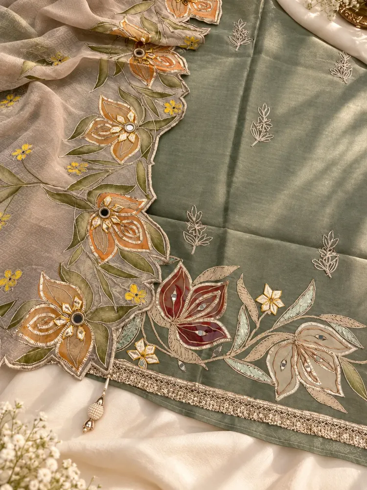Sage Green Floral Unstitched Suit-2