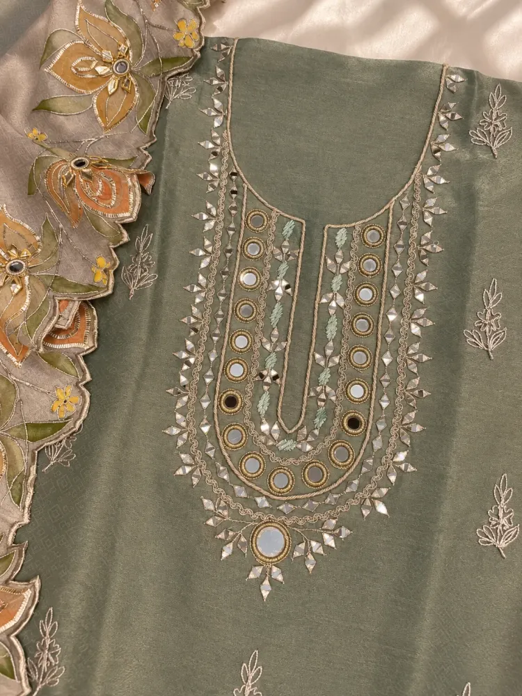 Sage Green Floral Unstitched Suit-3