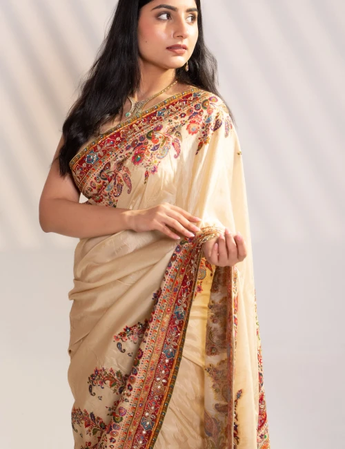 CREAM ART SILK SAREE & RANI PINK BLOUSE - 2
