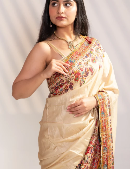 Cream Art Silk Saree & Rani Pink Blouse - 5