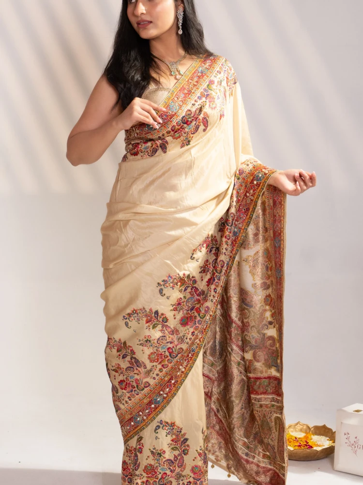 Cream Art Silk Saree & Rani Pink Blouse thumbnail 3
