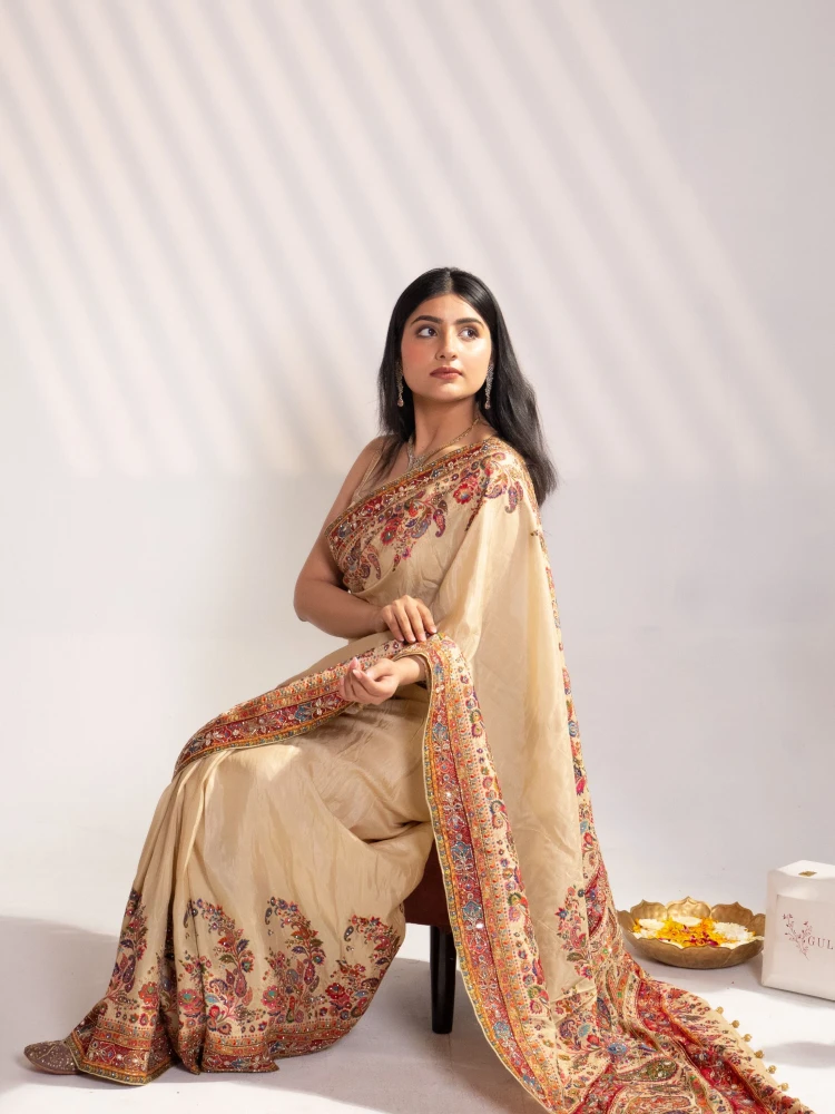 Cream Art Silk Saree & Rani Pink Blouse thumbnail 4