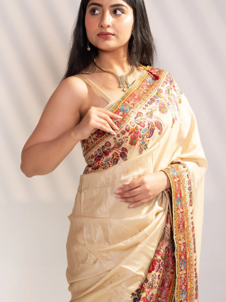Cream Art Silk Saree & Rani Pink Blouse thumbnail 5