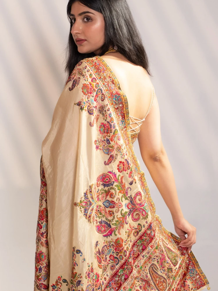 Cream Art Silk Saree & Rani Pink Blouse thumbnail 7