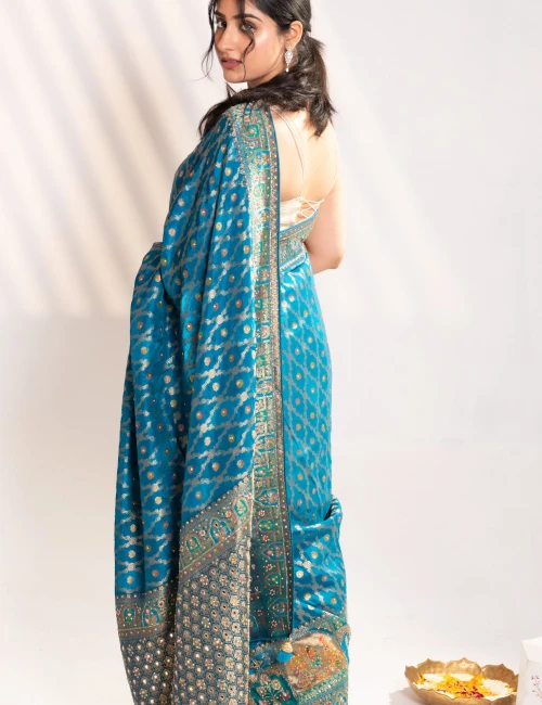 Royal Peacock Teal Banarasi Silk Saree - 4