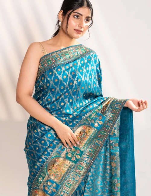 Royal Peacock Teal Banarasi Silk Saree - 6