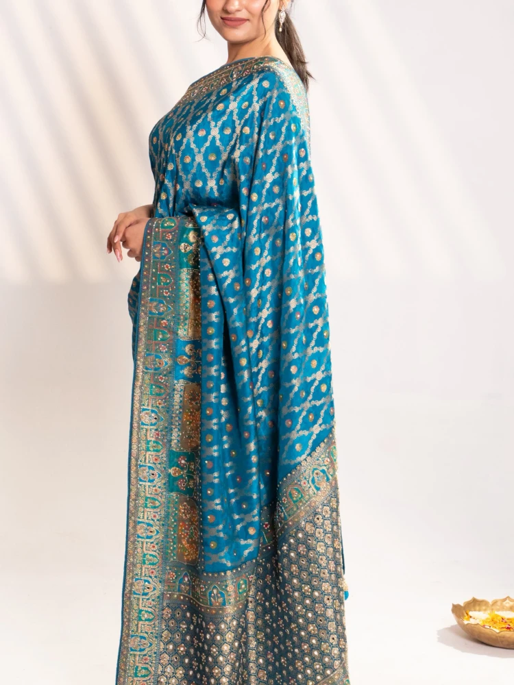 Royal Peacock Teal Banarasi Silk Saree thumbnail 7