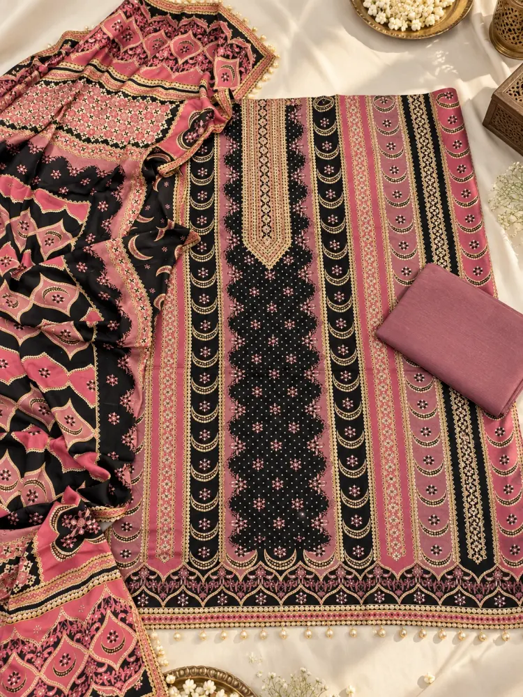Pink Multicolour Unstitched Suit-0