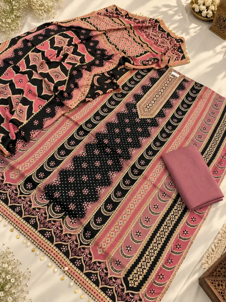 Pink Multicolour Unstitched Suit-2