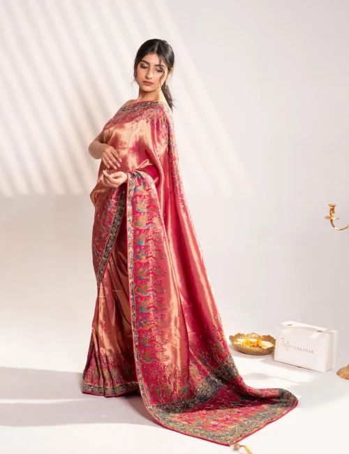 Bright Rani Pink Banarasi Silk Saree with Peacock Motifs & Tassel Pallu - collection image