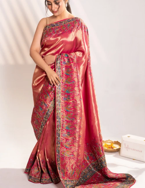 BRIGHT RANI PINK BANARASI SILK SAREE WITH PEACOCK MOTIFS & TASSEL PALLU - 2