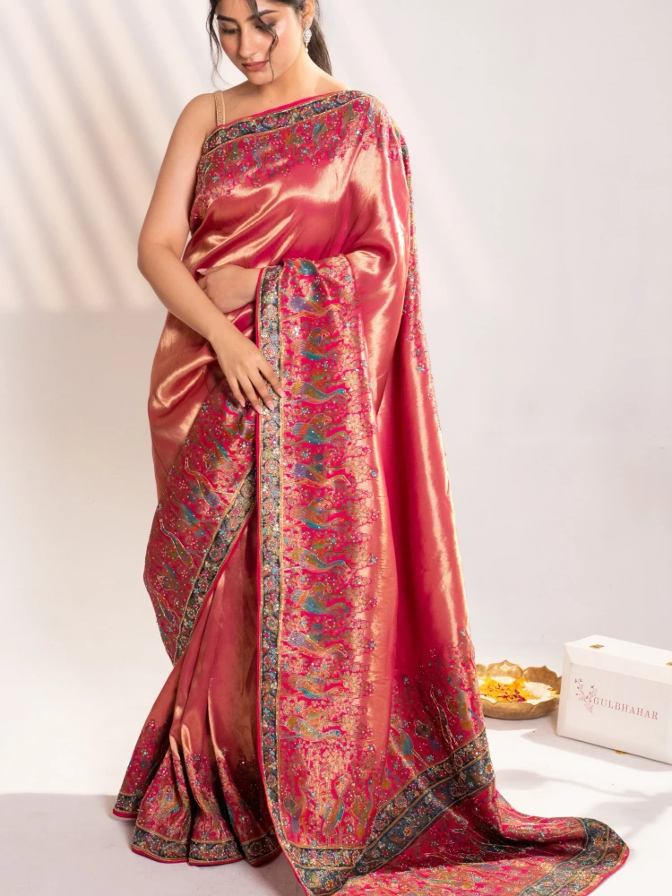 Bright Rani Pink Banarasi Silk Saree with Peacock Motifs & Tassel Pallu thumbnail 3