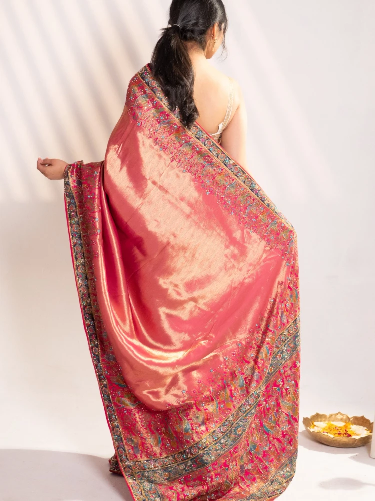 Bright Rani Pink Banarasi Silk Saree with Peacock Motifs & Tassel Pallu thumbnail 4