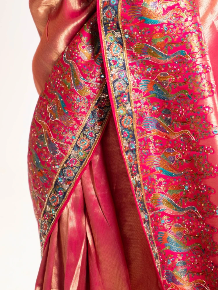 Bright Rani Pink Banarasi Silk Saree with Peacock Motifs & Tassel Pallu thumbnail 6