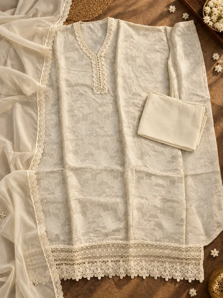 Ivory Korean Silk Unstitched Suit-0