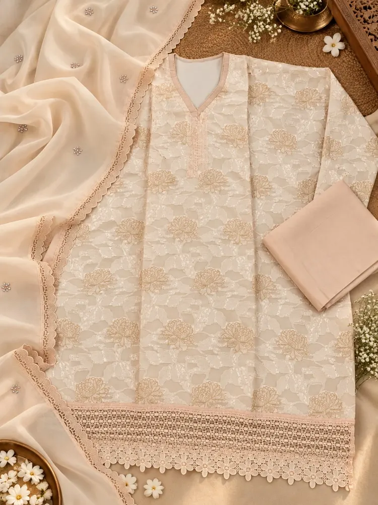 Peach Korean Silk Unstitched Suit-0