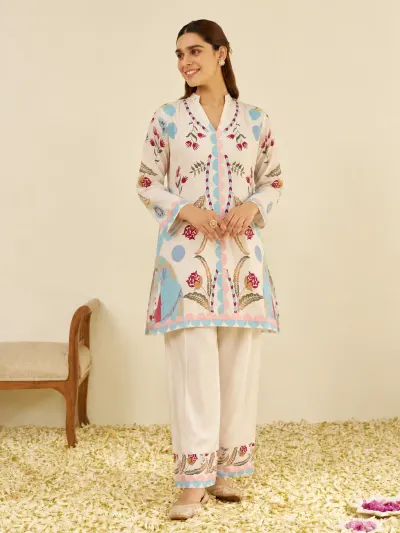 Ivory Multicolour Floral Print Kurti Set-0