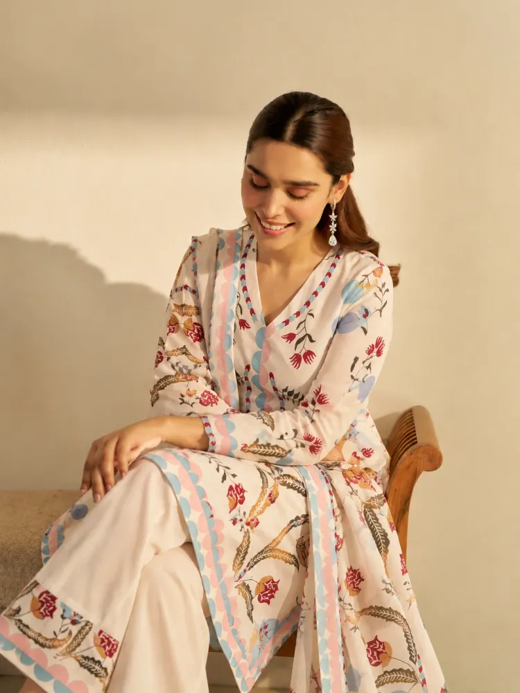 Ivory Multicolour Floral Print Kurti Set-1