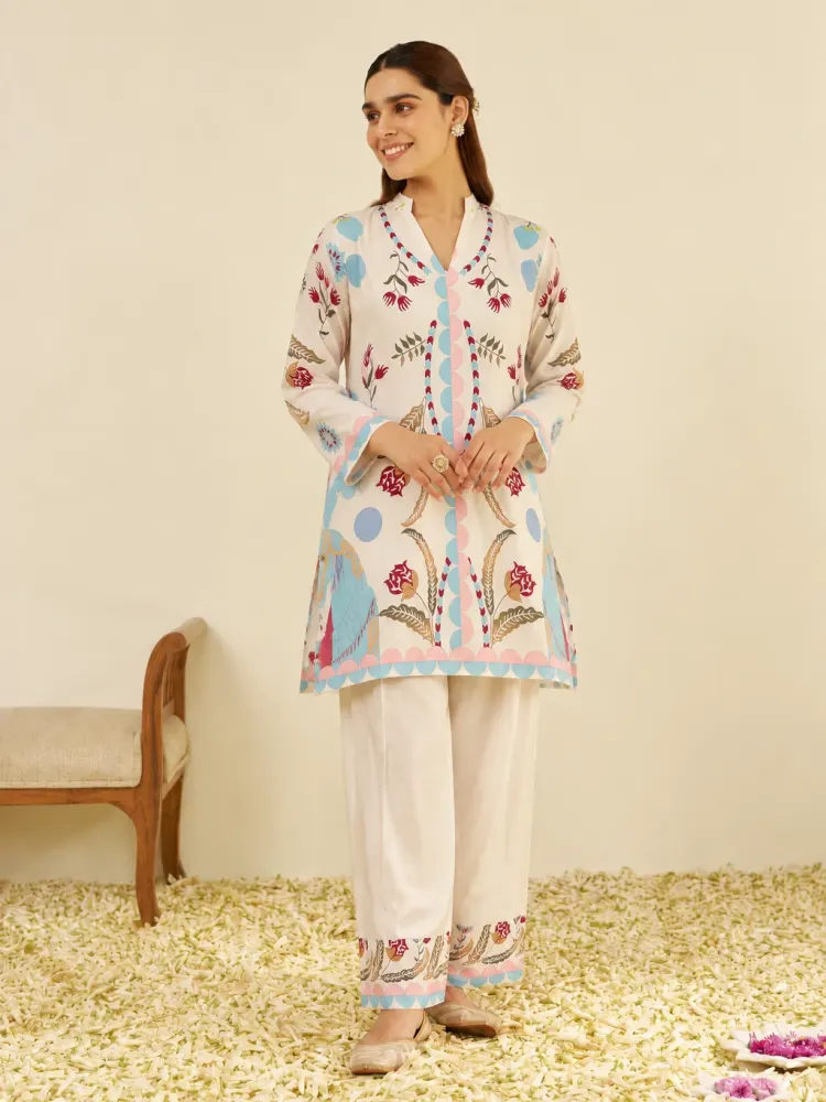 Ivory Multicolour Floral Print Kurti Set-0